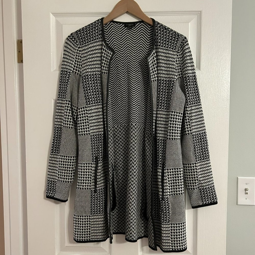 Talbots Long Open Cardigan / Size Petite Medium / Black and White